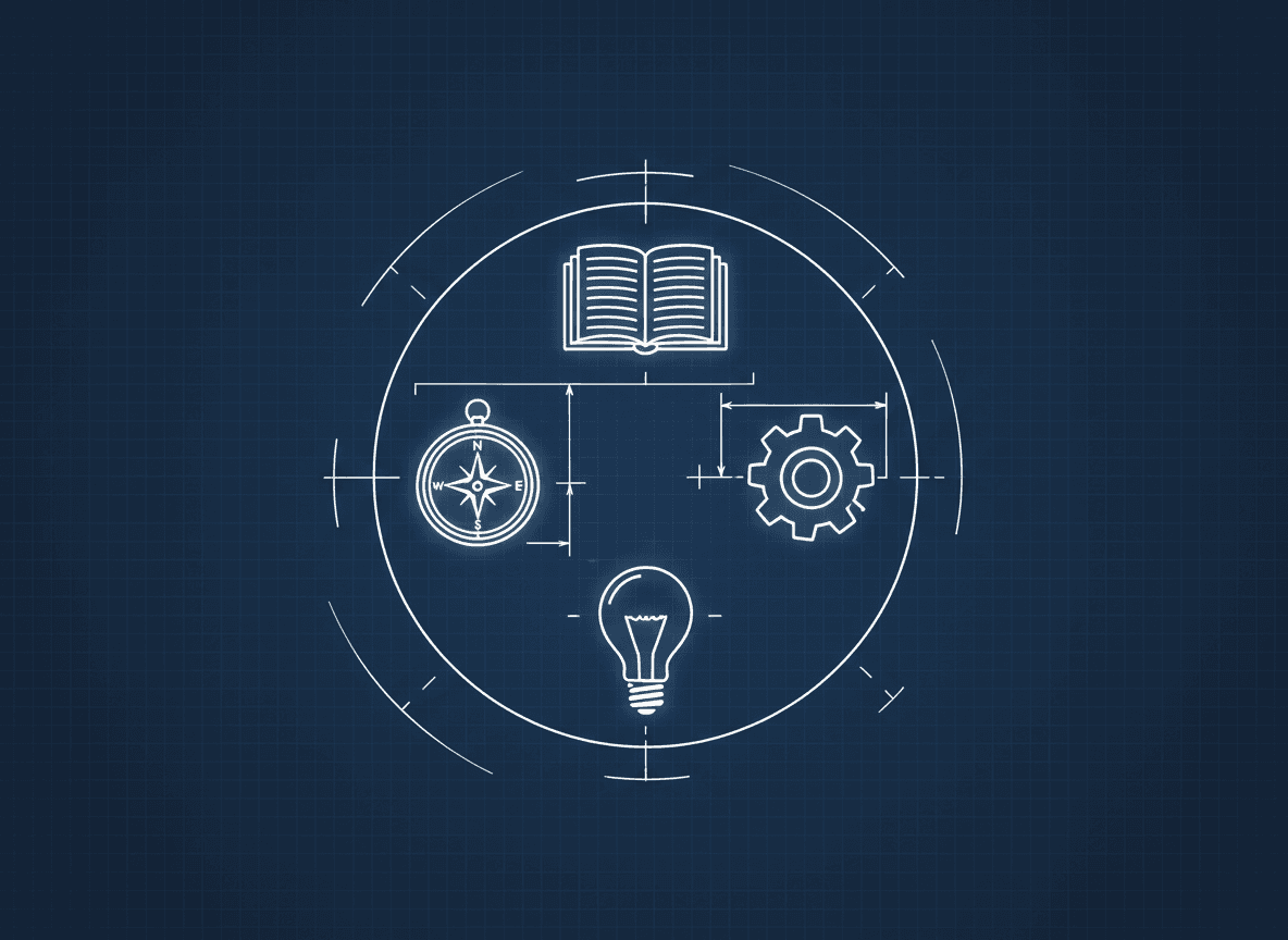 Blueprint of teaching tools: book, compass, gear, and lightbulb inside a schematic circle